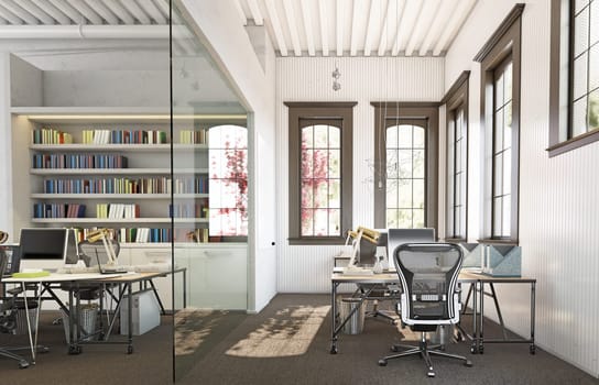 Open, collaborative office space with industrial design. 3d render