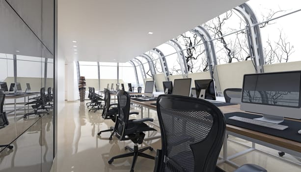 Modern office space with sleek design and technology. 3d render