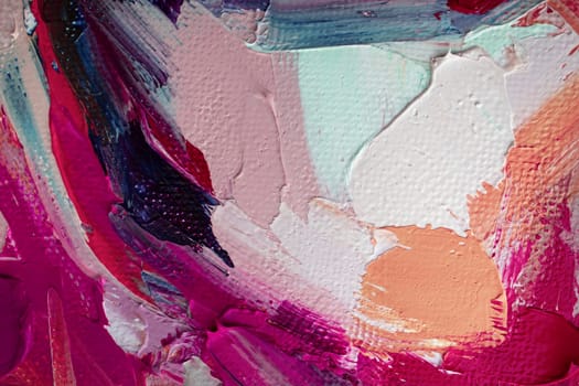 The artwork features a lively blend of colors including pink, blue, and white, arranged in dynamic brush strokes, creating an energetic visual expression.