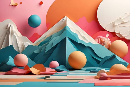 A captivating and intricate paper art scene featuring majestic mountains and dreamy clouds.