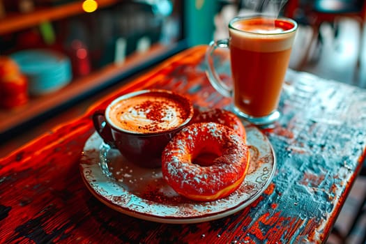Warm and inviting caf scene with a sugar-coated doughnut and cappuccino featuring a heart design, served on a rustic wooden table, perfect for a sweet escape.