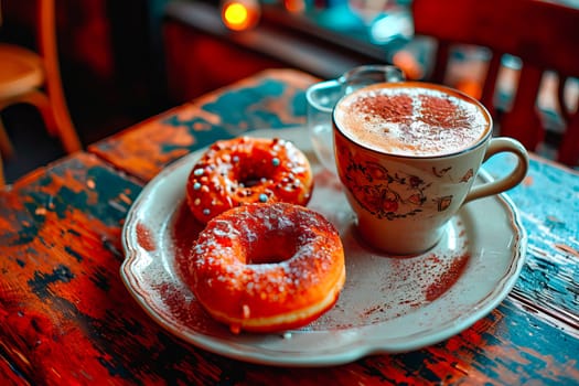 A warm caf scene featuring a powdered doughnut and heart-shaped cappuccino, set on a rustic wooden table. Perfect for a sweet break or a cozy, romantic date.