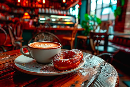 A powdered doughnut and cappuccino on a rustic wooden table in a cozy café. Warm tones and soft lighting create an inviting, relaxed atmosphere.