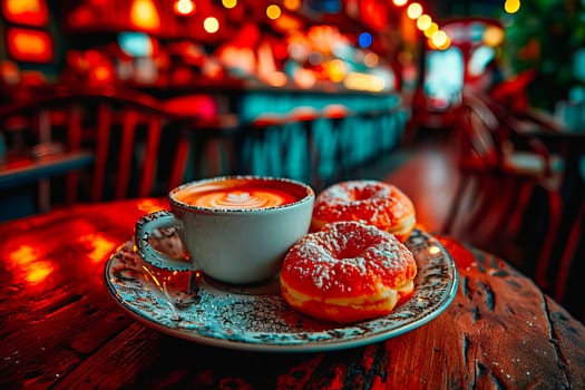 A cozy café scene with a powdered doughnut and cappuccino on a rustic wooden table. The warm, brown tones create a comforting atmosphere, perfect for a sweet treat.
