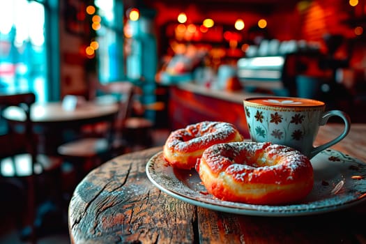 A cozy café scene with a powdered doughnut and cappuccino on a rustic wooden table. Warm brown tones create a comfortable and inviting ambiance.
