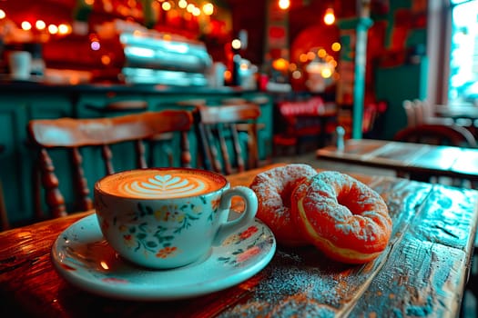 A cozy café setting featuring a powdered doughnut and cappuccino on a rustic wooden table. The warm tones and soft lighting create a relaxed, inviting atmosphere.