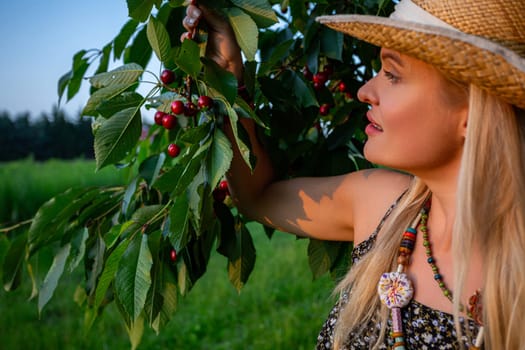 During the summer sunset, a beautiful woman with blonde hair stands, delicately holding a branch of a cherry tree. Her charming smile indicates her delight as her gaze is fixed towards the setting sun. Holding the branch, a symbol of nature's abundance, she feels close to the earth and the cycle of life. In her hands rests a branch full of ripe cherries, brought from her harvest. The woman's blonde hair frames her face, accentuating her natural beauty, which harmonizes with the surrounding landscape. In the rays of the setting sun, her skin takes on a golden glow, highlighting her grace and serenity. The sunset symbolizes the end of the day and simultaneously the promise of a new beginning. For the woman, this moment is a time of contemplation and gratitude for the beauty of nature. In this idyllic landscape, surrounded by the warm hues of the summer evening, the woman finds peace and joy in the simple pleasures of life, immersing herself in moments of harmony with nature. Her charming smile and expression of enchantment are a tribute to the beauty of the surrounding world and a celebration of the power of nature. In this picturesque scene, the woman is a harmonious part of the landscape, embodying both strength and delicacy, grace, and the force of nature.