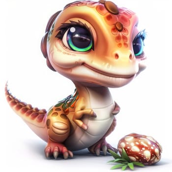 Adorable baby oviraptor dinosaur with egg on white background. baby