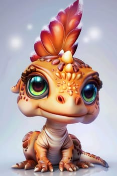 Charming cartoon baby iguanodon with colorful feather isolated on white background. baby