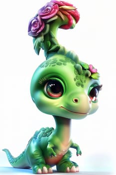 Adorable baby brachiosaurus with floral headpiece on white background. baby