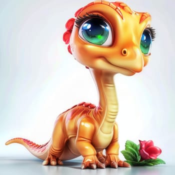 Adorable baby brachiosaurus with rose on white background for children's decor. baby