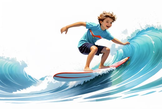 boy skillfully balances on his surfboard, riding a stunning blue wave under clear skies. His expression shows pure joy as he enjoys the thrill of surfing at the beach - Generative AI