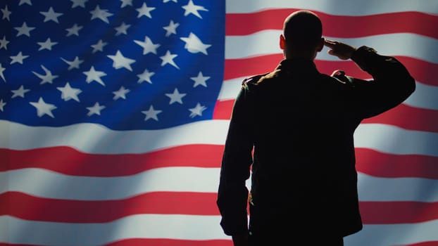 Soldier saluting USA flag, participating in 4th of July celebrations. United States of America veteran honoring country during memorial day event, doing patriotic hand gesture towards flag, camera B