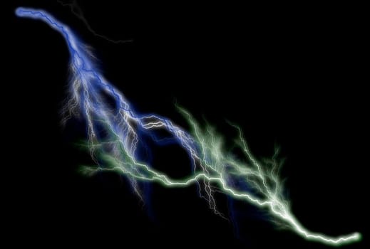 Concept of outstretched hands in the form of lightning bolts isolated on a black background.