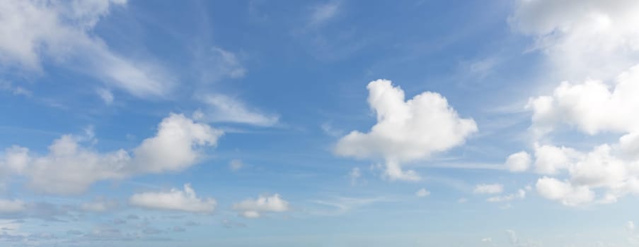 Panorama of blue sky with white clouds in clear weather on a sunny day