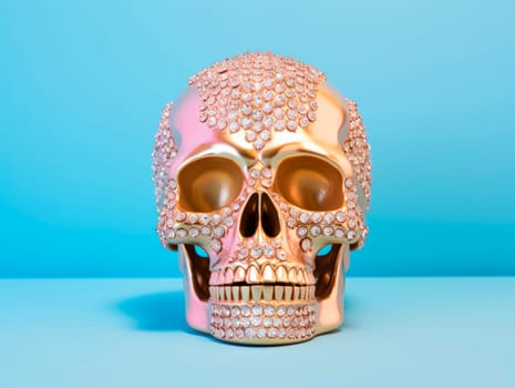 A skull decorated with shiny rhinestones on a bright background