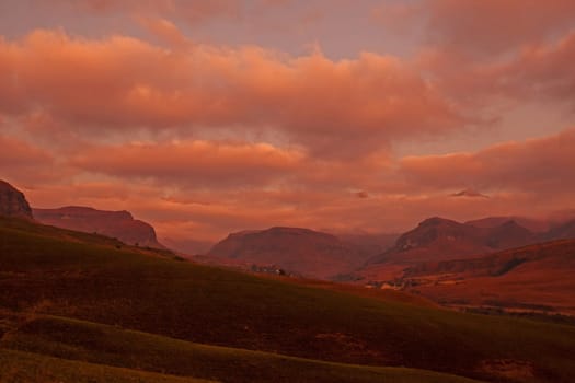 Dawn at Cathedral Peak in the Drakensberg Mountains. KwaZulu-Natal Province, South Africa