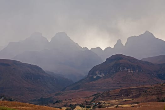 A stormy afternoon at Cathedral Peak in the Drakensberg Mountains. KwaZulu-Natal Province, South Africa