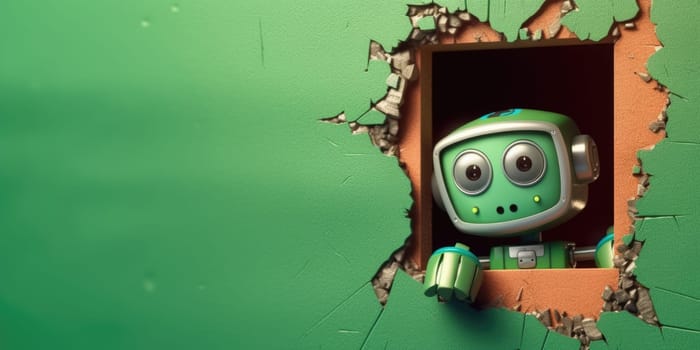 Cute robot toy peeking out of a hole in wall, torn hole, empty copy space frame, mockup. Generative AI image weber.