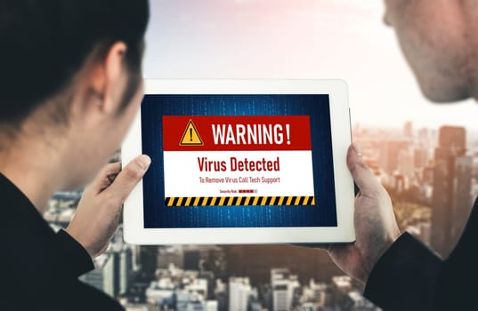 Virus warning alert on computer screen detected modish cyber threat , hacker, computer virus and malware