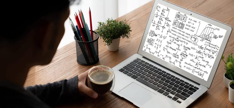 Mathematic equations and modish formula on computer screen showing concept of science and education