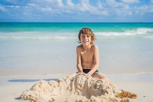 Young boy's pure delight as he explores the sandy playground of the beach, shaping dreams with grains of sand.