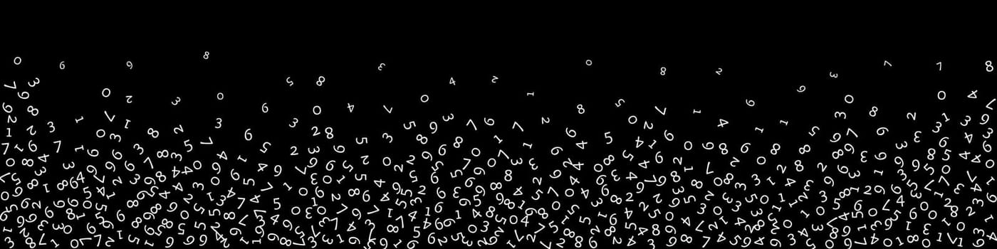 Falling numbers, big data concept. Binary white random flying digits. Lovely futuristic banner on black background. Digital illustration with falling numbers.