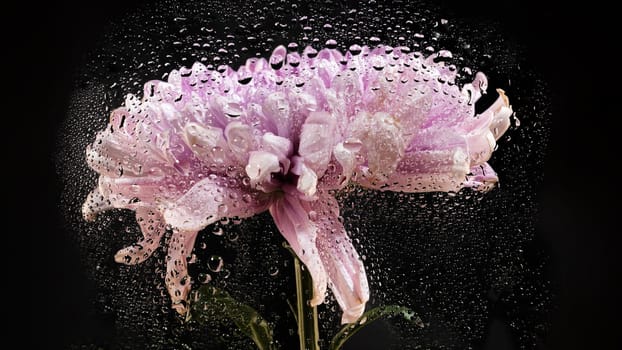 Creative photo of the Dark Rossano chrysanthemum on black background with water splashes