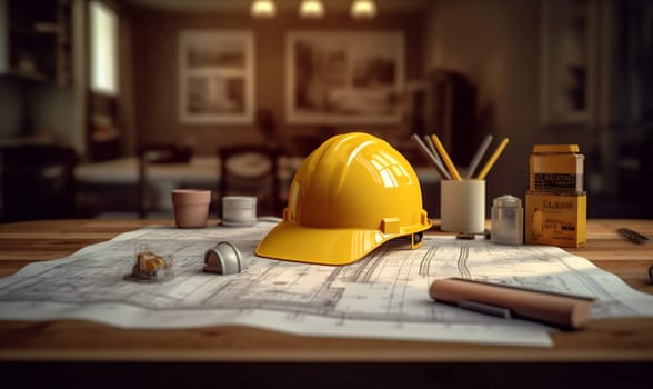 construction site concept building work helmet yellow architecture blueprint model apartment industry architect drawing architectural building project plan engineer tool hat. Generative AI.