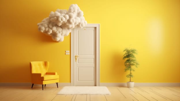 shape weather light cylinder window stage template pedestal yellow showcase levitation door abstract minimal freedom metaphor blue cloud room round. Generative AI.