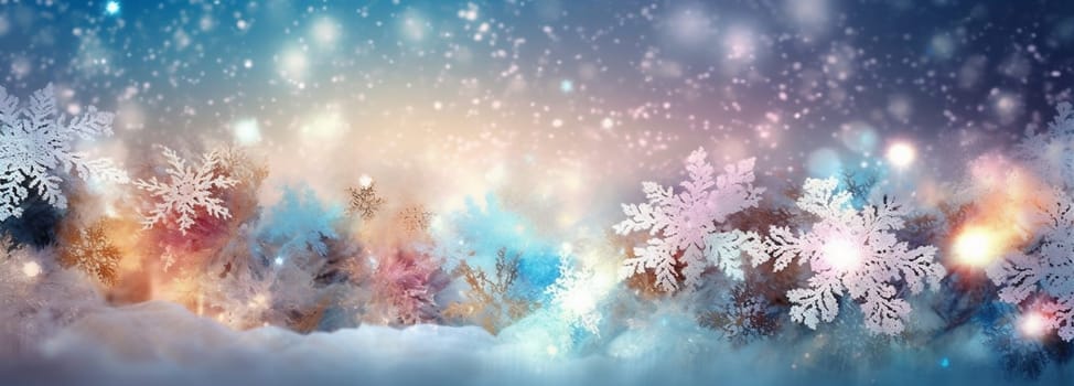 white bokeh light decoration abstract bright christmas defocused textured shine snowflakes background colourful glistering texture sparkle new glowing pastel gradient year party. Generative AI.