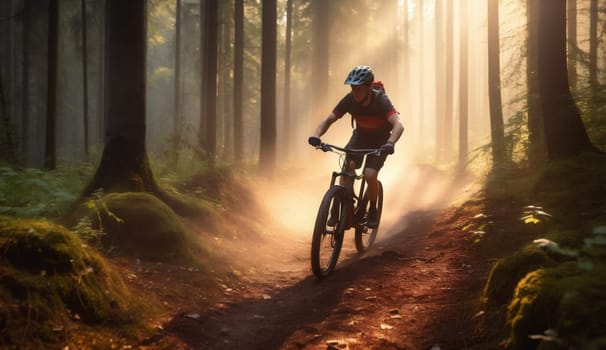 biking woman bicycle wood bike summer helmet forest dark biker ride exercise cycling sport sunset mountain hiking night bike trail walking nature. Generative AI.