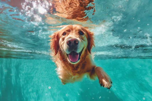 dog snorkeling funny holiday playful puppy baby pet fun retriever fit swimming outdoor underwater ocean vacation happy golden pool sport water. Generative AI.