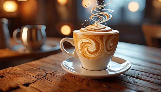 Coffee cup with latte art on wooden table in cafe