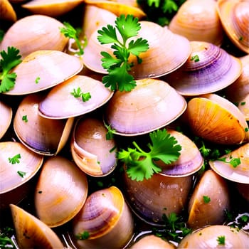 Clams steamed in garlic and white wine arranged in a pile with a sprinkle of. Food isolated on transparent background