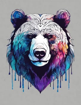 An image of a bears head in vibrant colors, with paint dripping down in mesmerizing patterns.