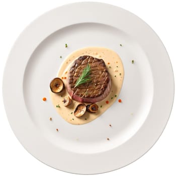 Steak diane seared beef medallion cognac flamed mushroom cream sauce in glass dish isolated on. Food isolated on transparent background.