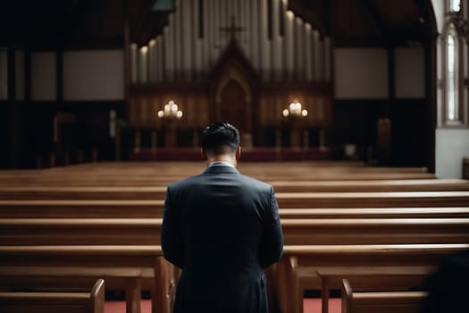 A man stands in front of a wooden church pew, in a peaceful and contemplative environment.