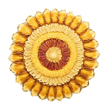Dried Jackfruit Strip Mandala golden dried jackfruit strips forming a symmetrical mandala strips elegantly curling. Food isolated on transparent background.