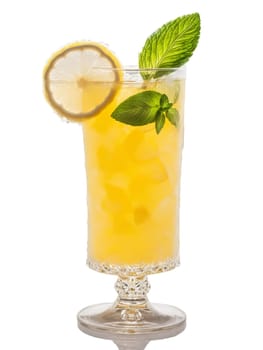 Arnold Palmer with slice of lemon and sprig of mint in tall glass. Drink isolated on transparent background.