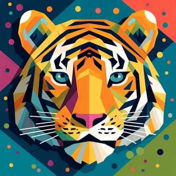 A colorful cartoon illustration of a tiger with polka dots texture against blue background. In the style of playful geometric shapes, editorial illustrations, multilayered collages, flat style, bold colors, unique hand drawn textures, minimalistic, cetered in the middle with negative space around.