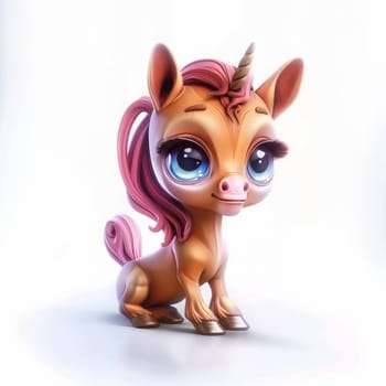 Cute baby unicorn with big eyes and pink hair in a playful pose, on white background.