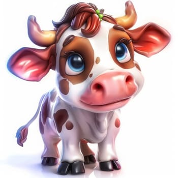 Cute cartoon cow with big eyes and colorful spots standing on white background, on white background.