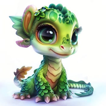 Adorable cartoon baby dragon with big eyes and green scales. On white background.