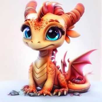 Adorable baby dragon with big eyes and colorful scales. On white background.