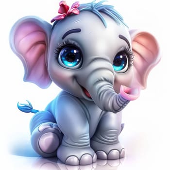 Adorable baby elephant with big eyes and pink flower on head. On white background.