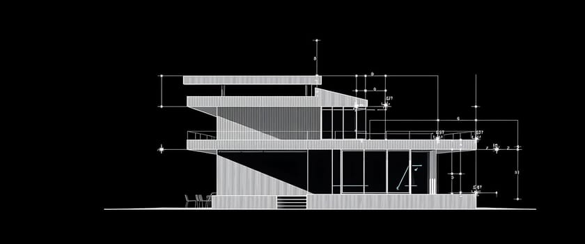 This elevation drawing highlights a modern structure characterized by geometric shapes, spacious terraces, and intricate detailing, outlining an innovative architectural vision.