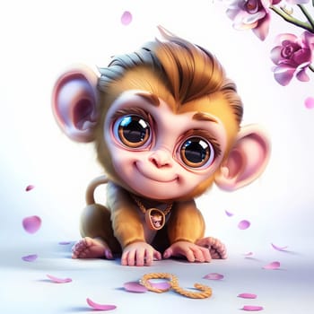 Adorable baby monkey with flowers and necklace surrounded by pink petals.