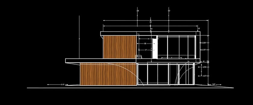 This architectural design features a modern house characterized by clean lines, large glass windows, and a combination of wood and concrete materials, illustrating a contemporary aesthetic.