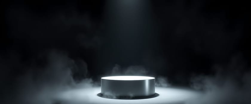 A round platform is lit brightly in the center with darkness surrounding it. Soft mist swirls around the base, creating an atmosphere of anticipation and intrigue for an upcoming event.